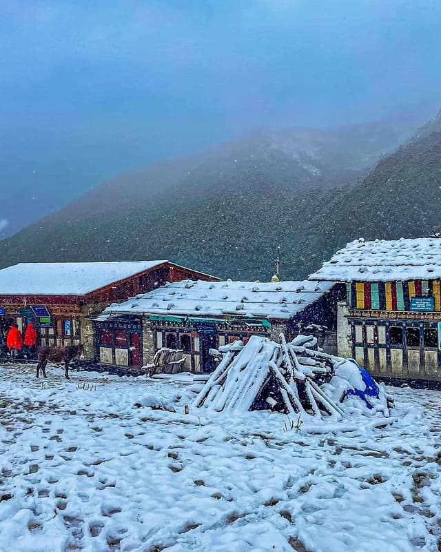 A snow-covered Bhutanese village in winter