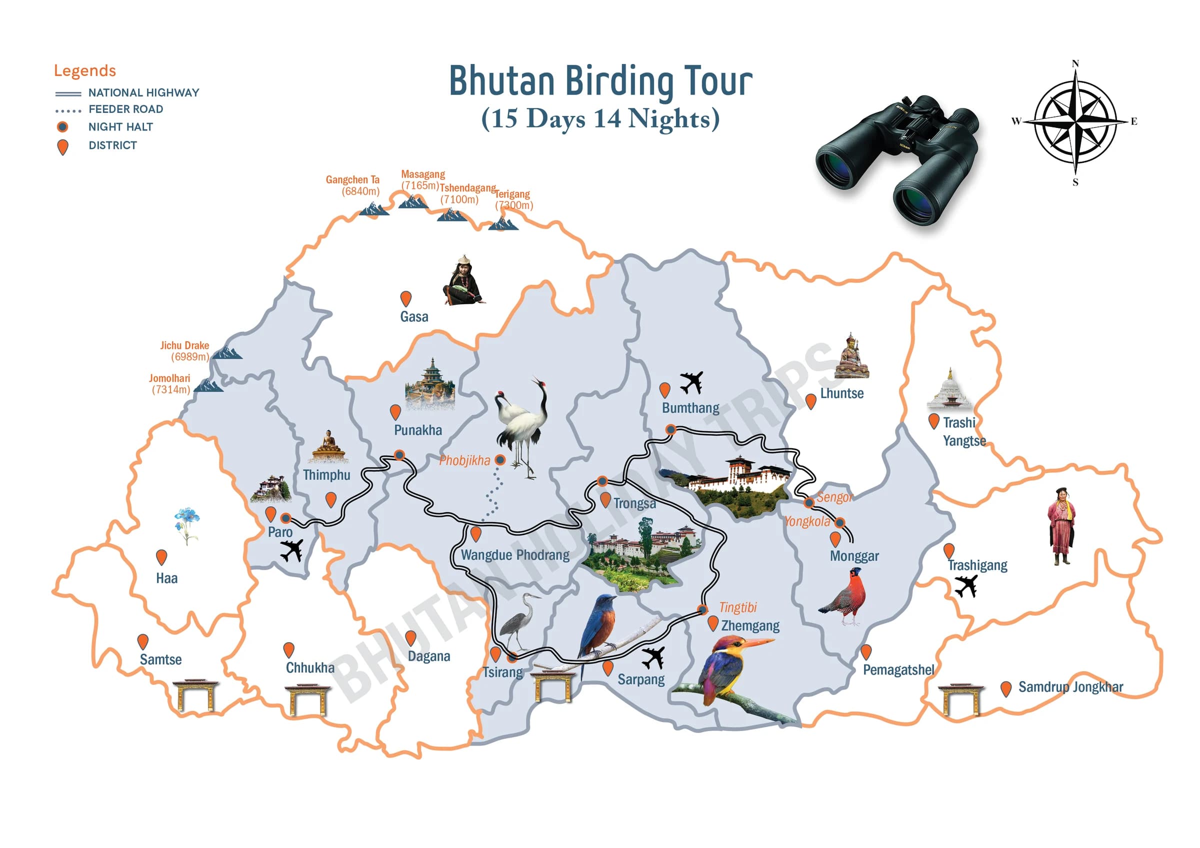 Illustrated route map of the Bhutan Birding Tour across Bhutan, showing the tour route and overnight-halt markers