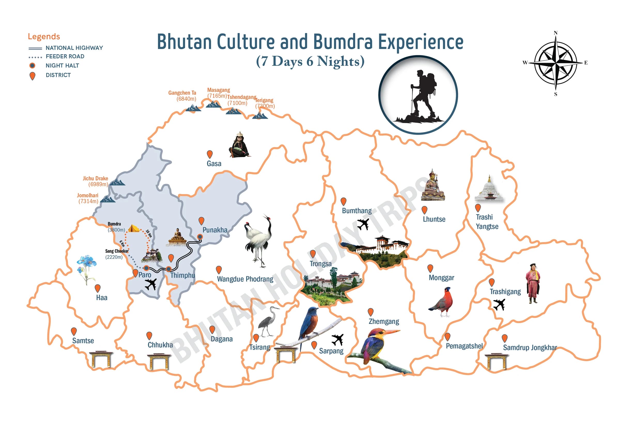 Illustrated route map of the Bhutan Culture & Bumdra Experience across Bhutan, showing the tour route and overnight-halt markers