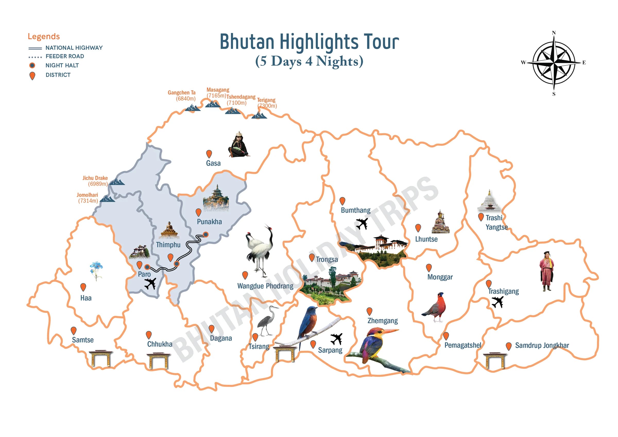Illustrated route map of the Bhutan Highlights Tour across Bhutan, showing the tour route and overnight-halt markers