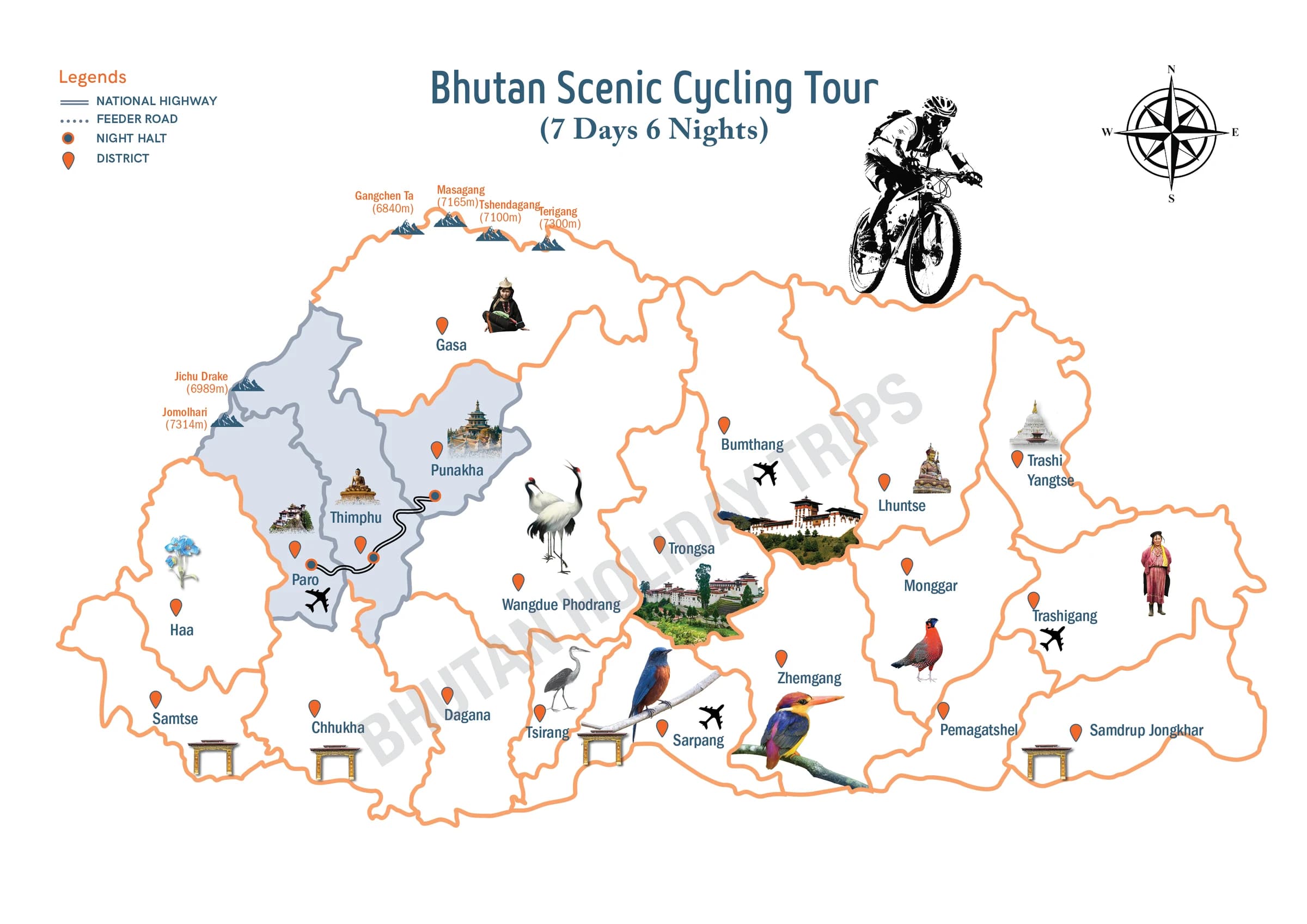 Illustrated route map of the Bhutan Scenic Cycling Tour across Bhutan, showing the tour route and overnight-halt markers