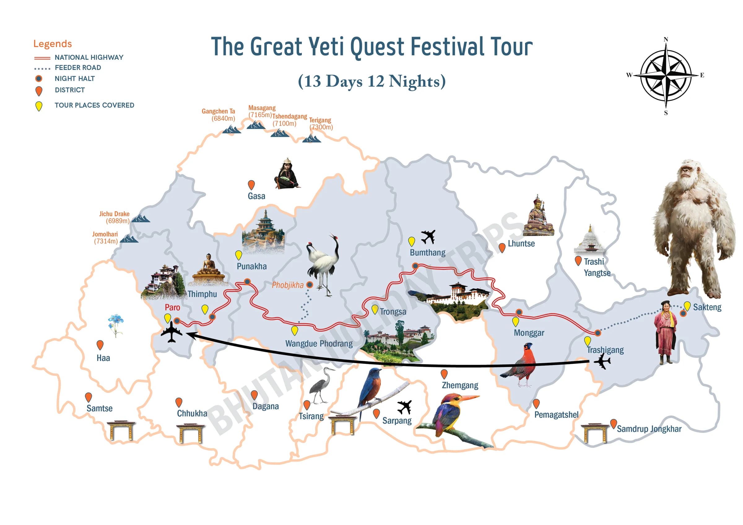 Illustrated route map of the Bhutan Yeti Festival Tour across Bhutan, showing the tour route and overnight-halt markers
