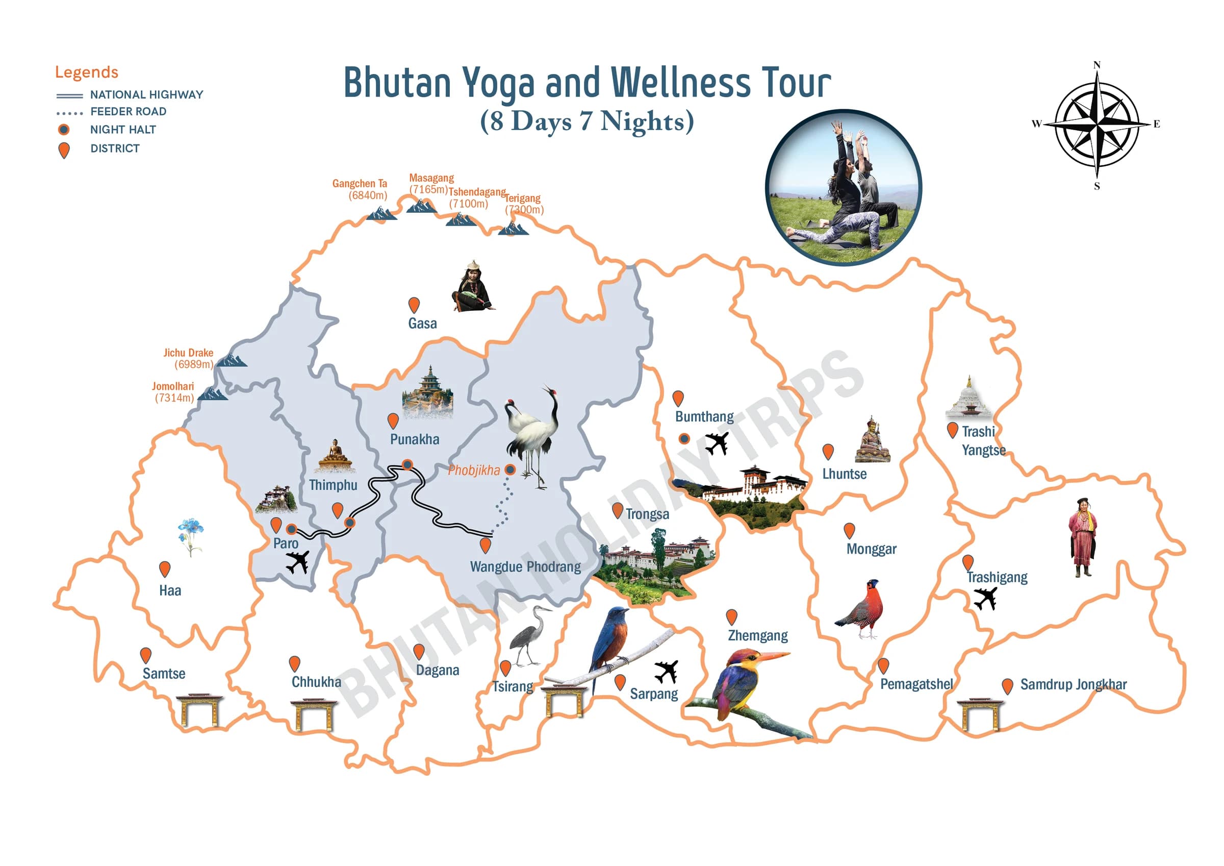 Illustrated route map of the Bhutan Yoga & Wellness Retreat across Bhutan, showing the tour route and overnight-halt markers