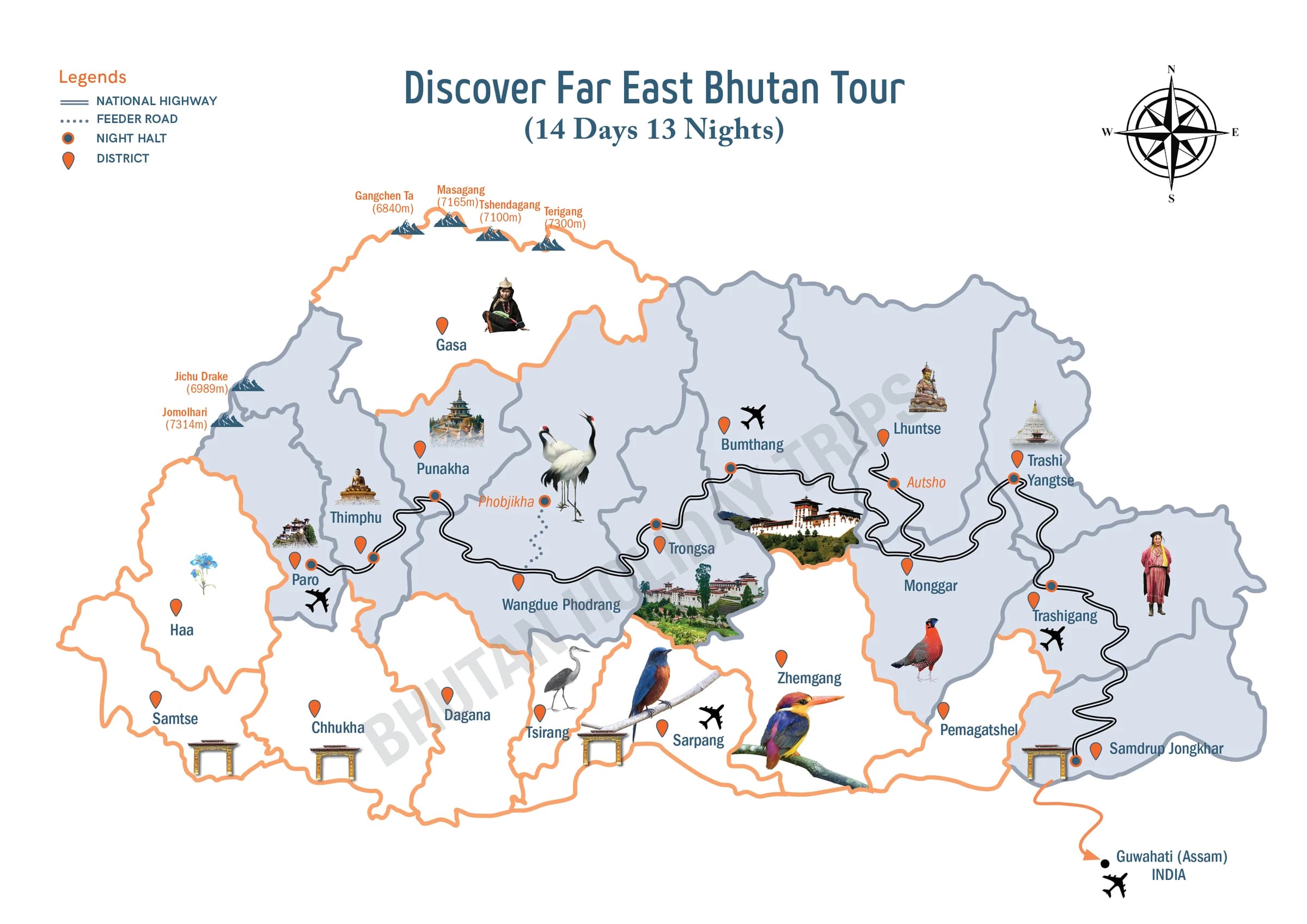 Illustrated route map of the Discover Far East Bhutan Tour across Bhutan, showing the tour route and overnight-halt markers