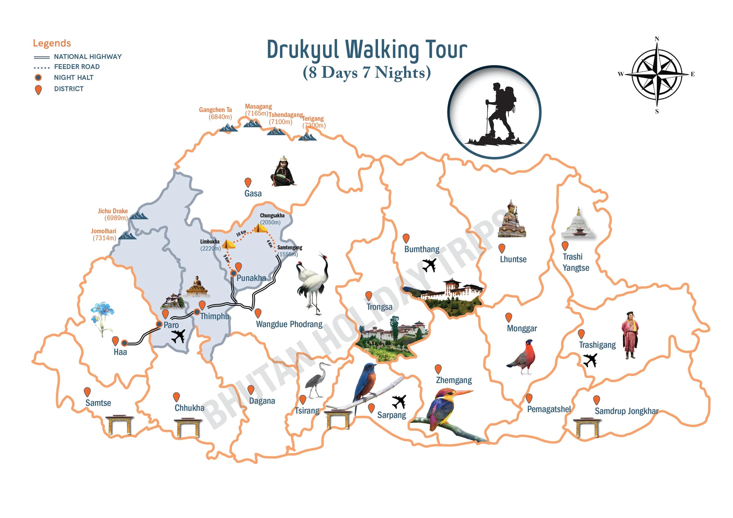 Illustrated route map of the Drukyul Walking Tour across Bhutan, showing the tour route and overnight-halt markers
