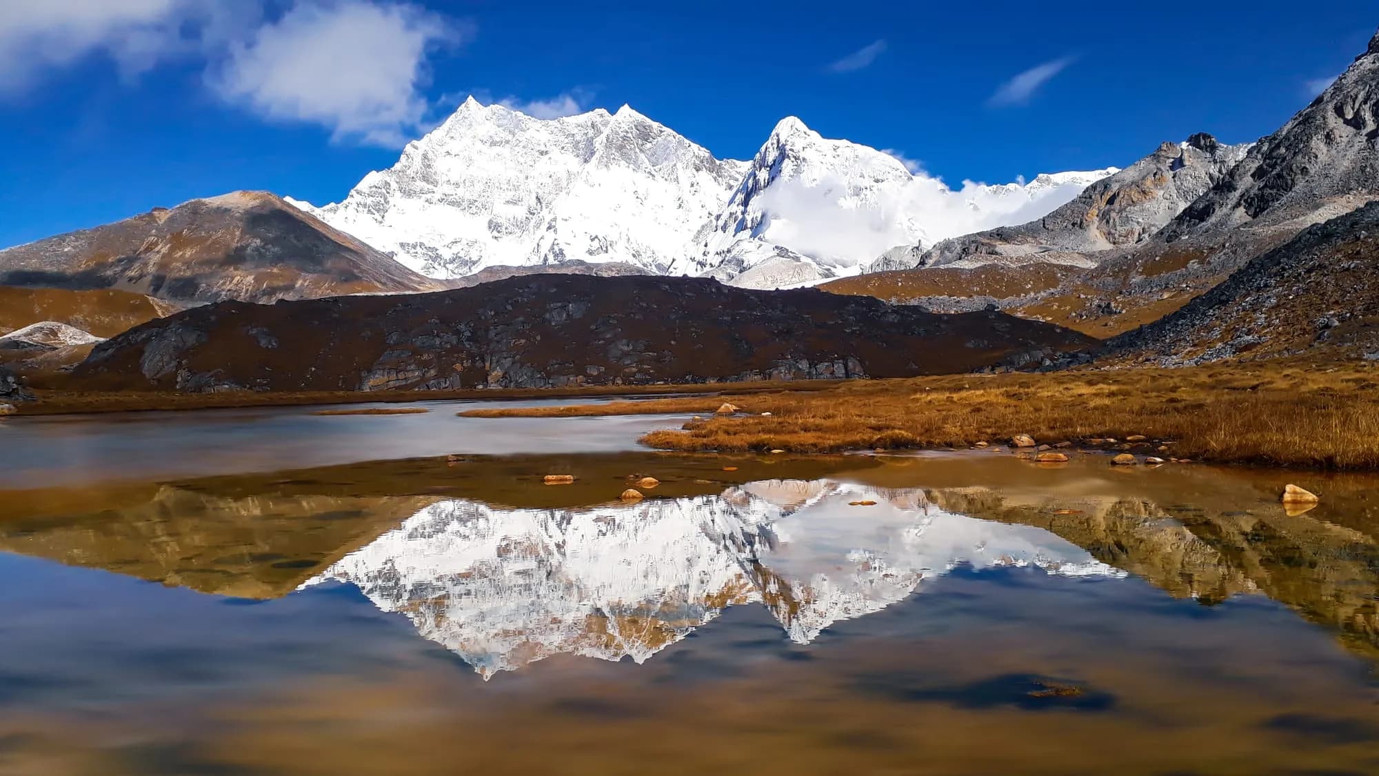 Alpine lake and snow peaks on a Bhutan trekking route
