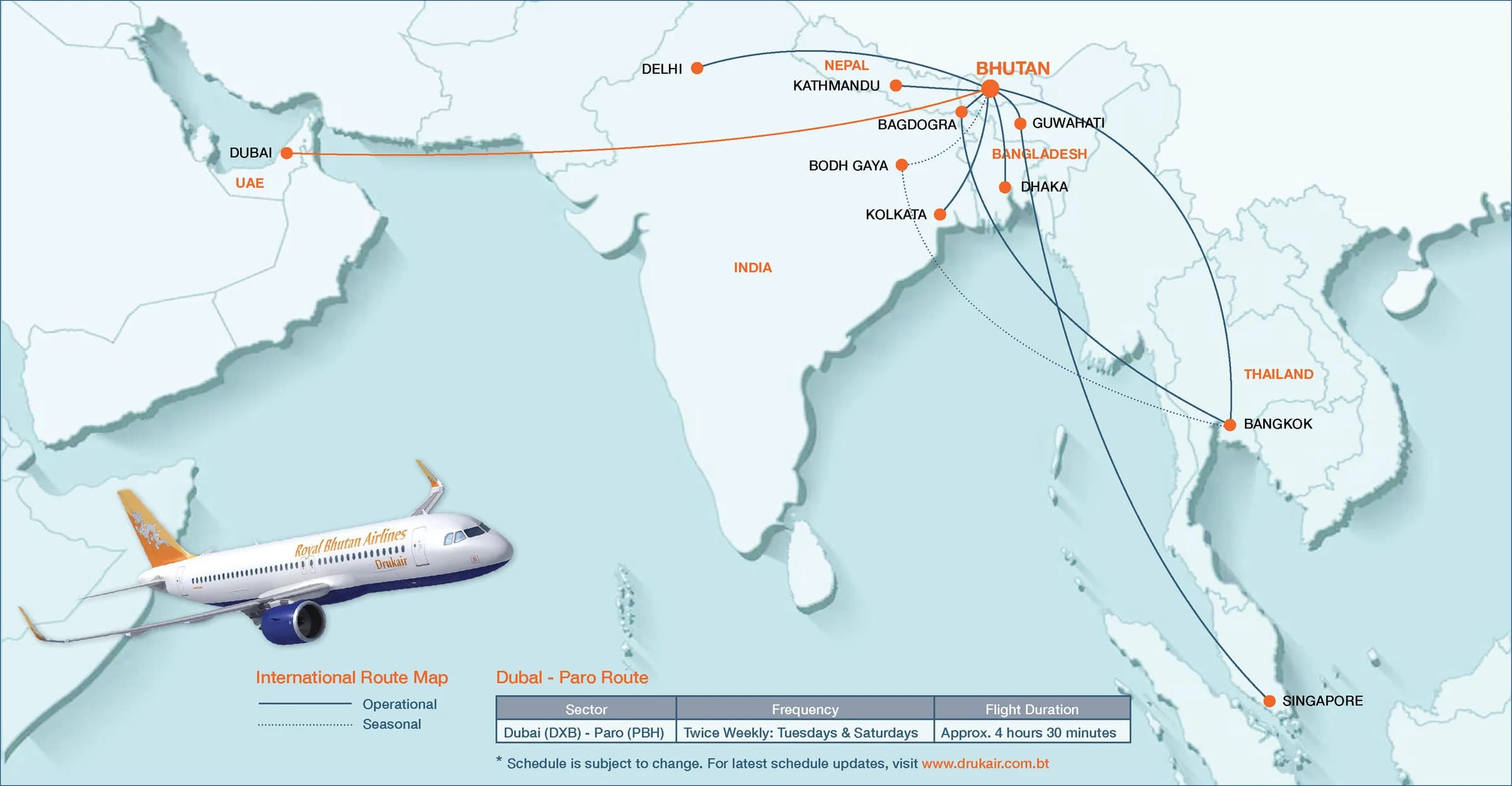 Drukair and Bhutan Airlines international route map showing flights to Paro from Delhi, Kathmandu, Bagdogra, Guwahati, Kolkata, Bodh Gaya, Dhaka, Bangkok, Singapore and Dubai