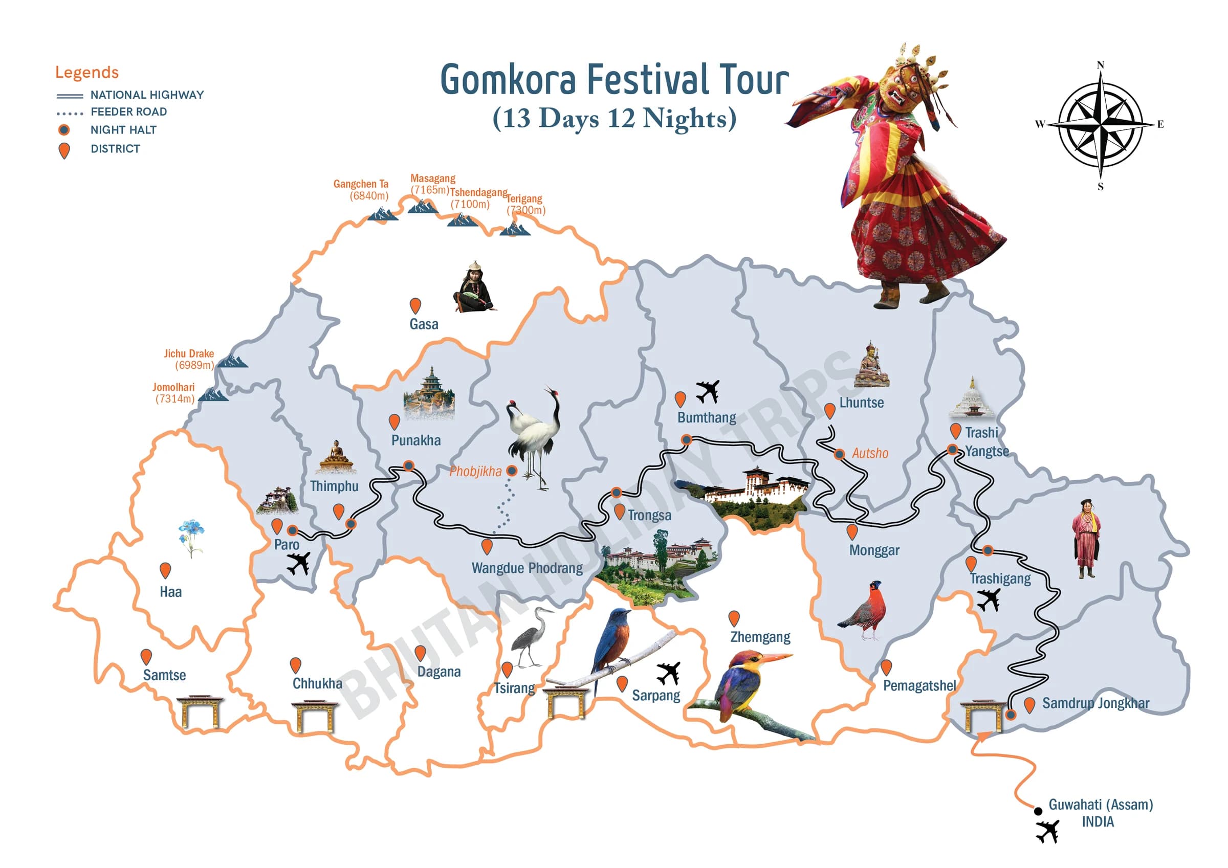 Illustrated route map of the Gomkora Festival Tour across Bhutan, showing the tour route and overnight-halt markers