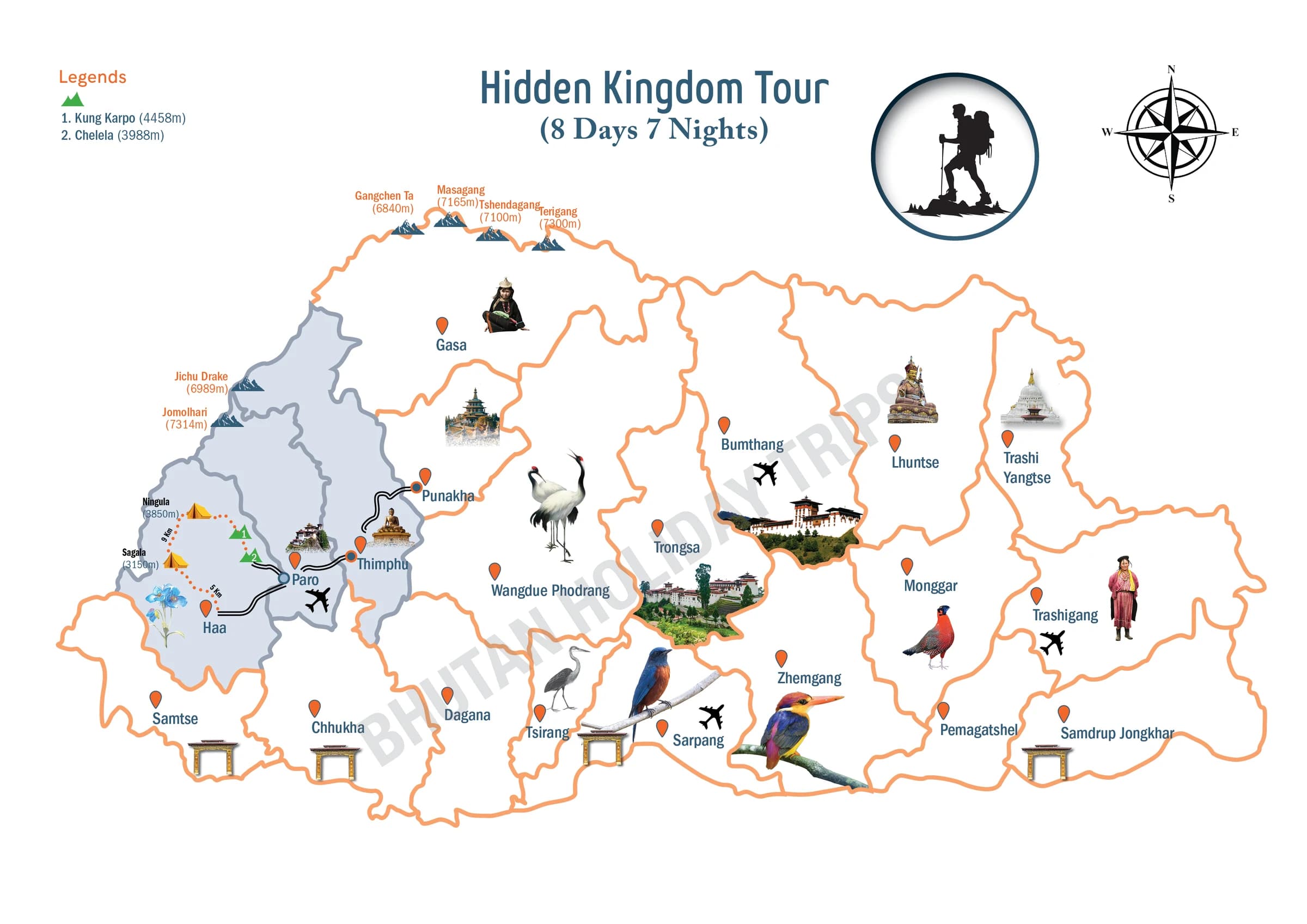 Illustrated route map of the Hidden Kingdom Tour across Bhutan, showing the tour route and overnight-halt markers