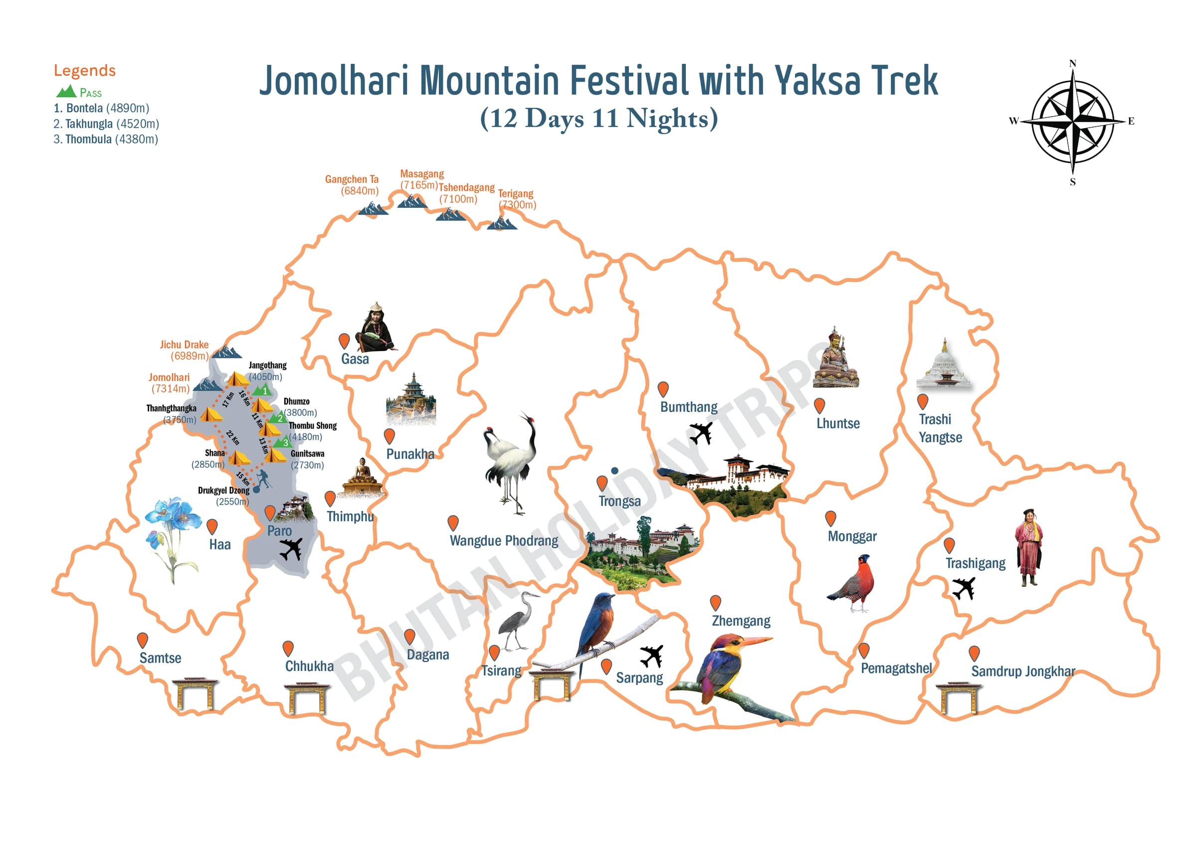 Illustrated route map of the Jomolhari Mountain Festival Tour across Bhutan, showing the tour route and overnight-halt markers