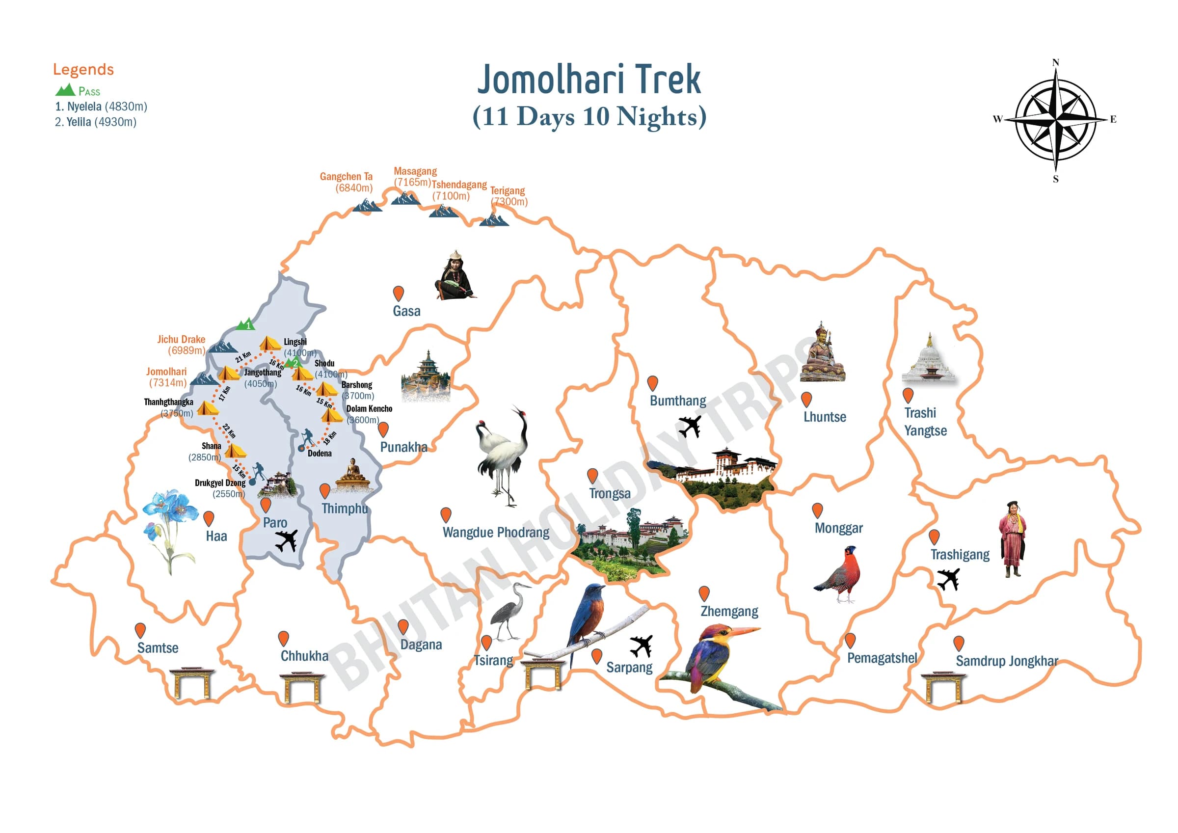 Illustrated route map of the Jomolhari Trek across Bhutan, showing the tour route and overnight-halt markers
