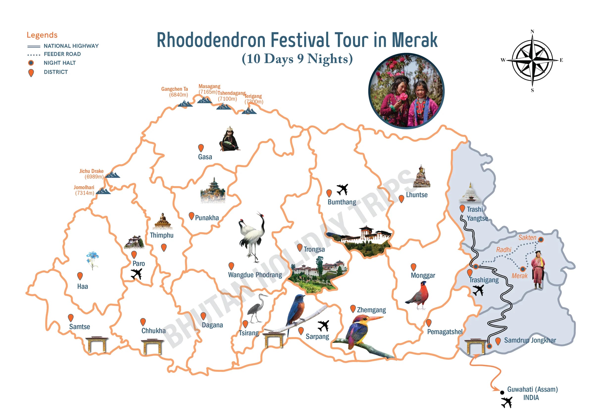 Illustrated route map of the Rhododendron Festival Tour in Merak across Bhutan, showing the tour route and overnight-halt markers