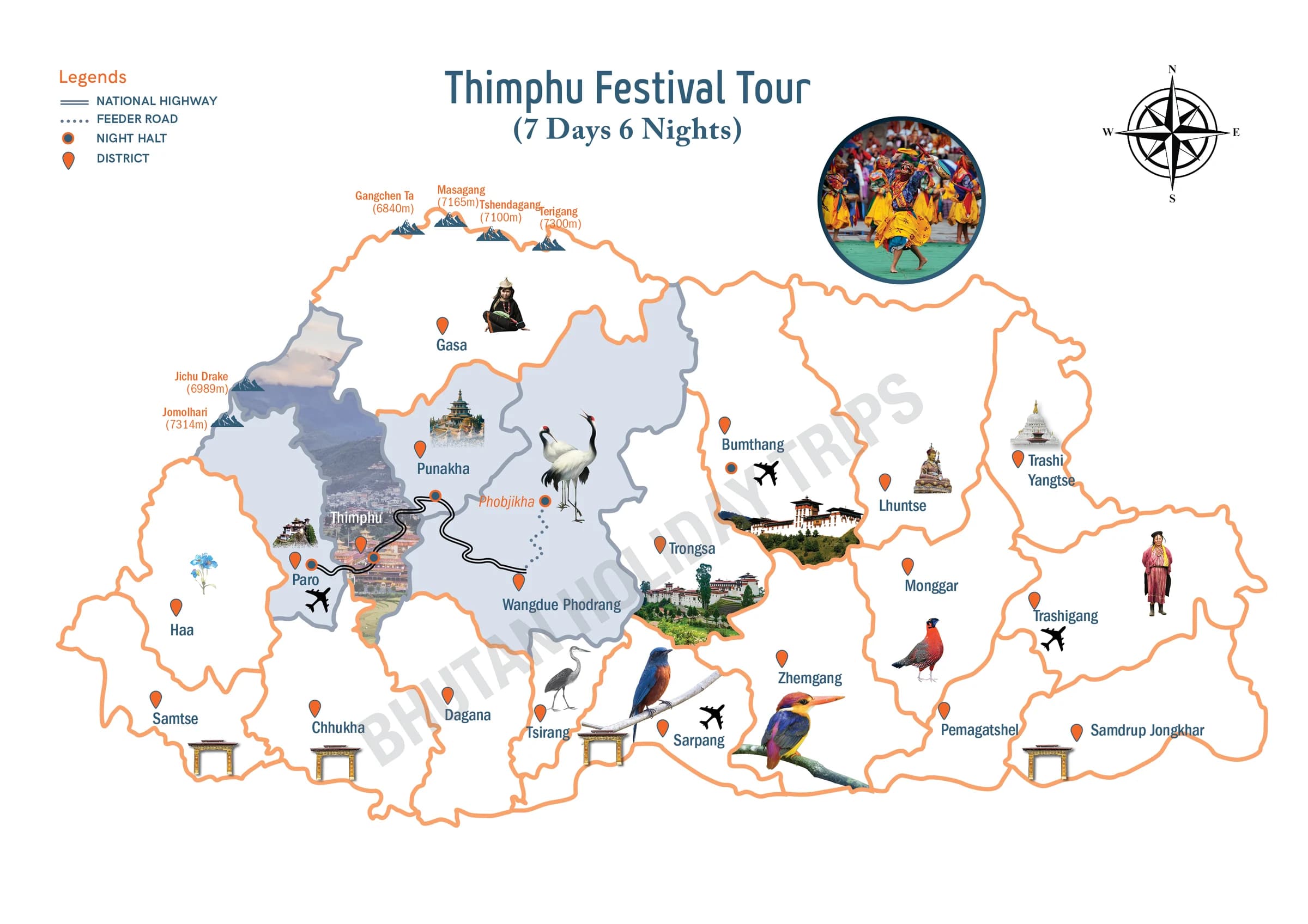 Illustrated route map of the Thimphu Festival Tour across Bhutan, showing the tour route and overnight-halt markers