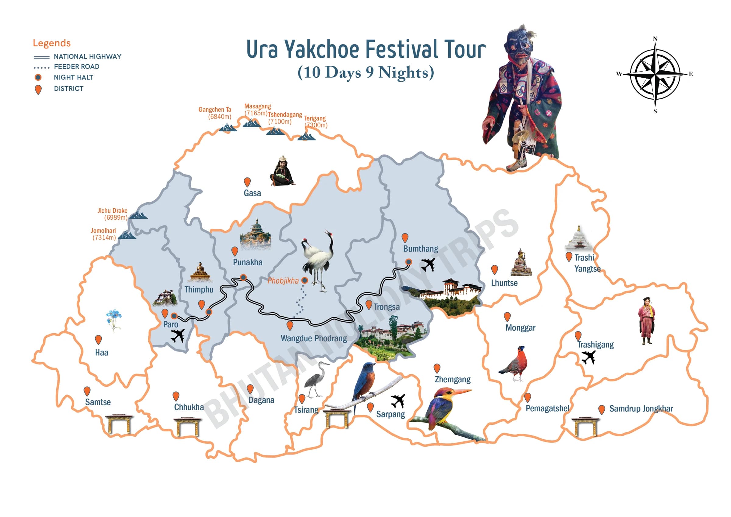 Illustrated route map of the Ura Yakchoe Festival Tour across Bhutan, showing the tour route and overnight-halt markers