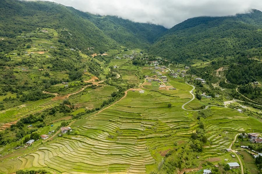 Terraced valley and village in Eastern Bhutan