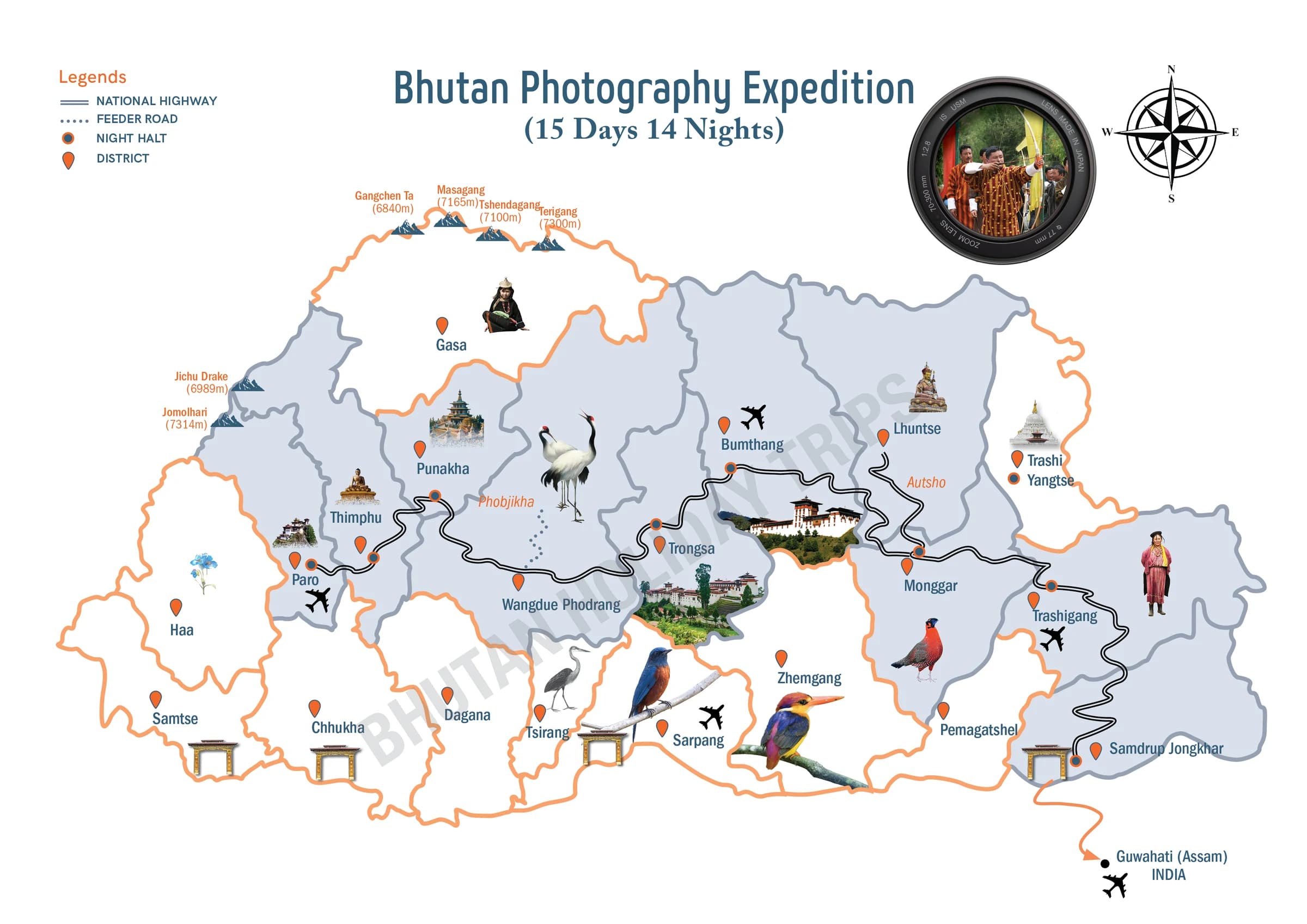 Illustrated route map of the Bhutan Photography Expedition across Bhutan, showing the tour route and overnight-halt markers