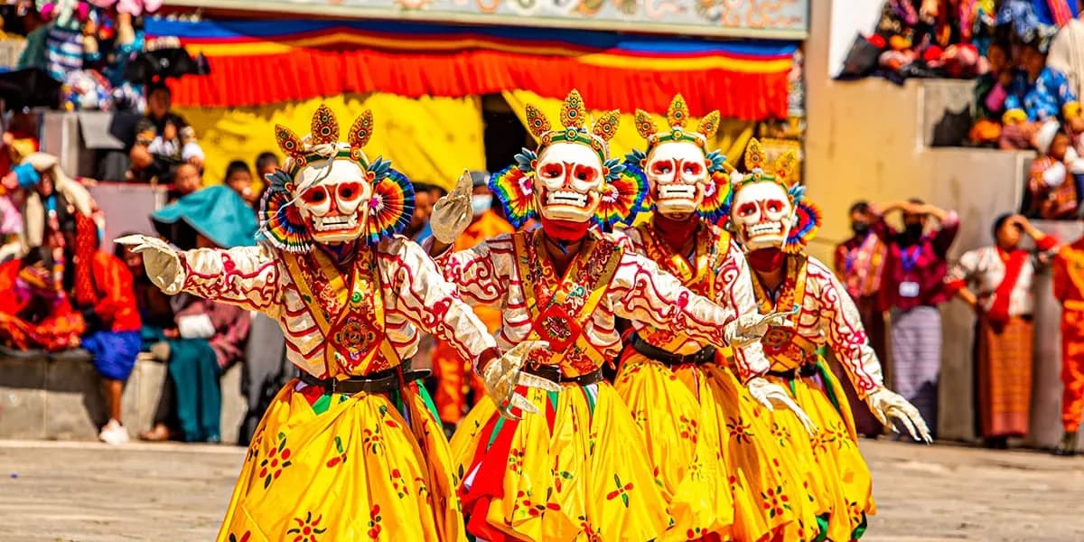 Masked dancers at the Thimphu Tshechu festival